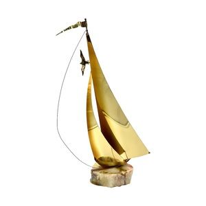 John DeMott Signed Torch Cut Brass and Onyx Sculpture of Sailboat With a Seagull